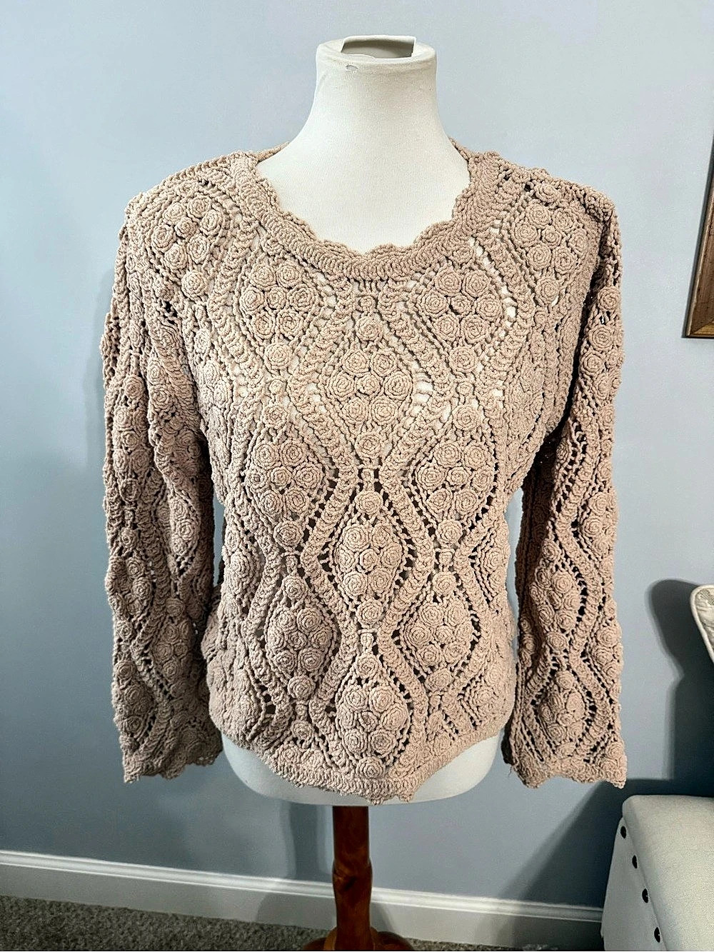 Everyday Chic Crochet Openwork Sweater Size Small/ Medium in Beige